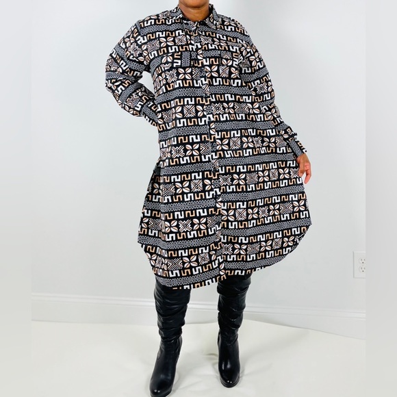 African Print Ankara Tribal Print Multicolor Midi Button-up Collard Dress - Picture 4 of 6